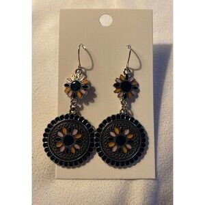 Earrings Boho  Silver & Black w/ Pink Orange Flowers Dangle Metal Shiny Hippie